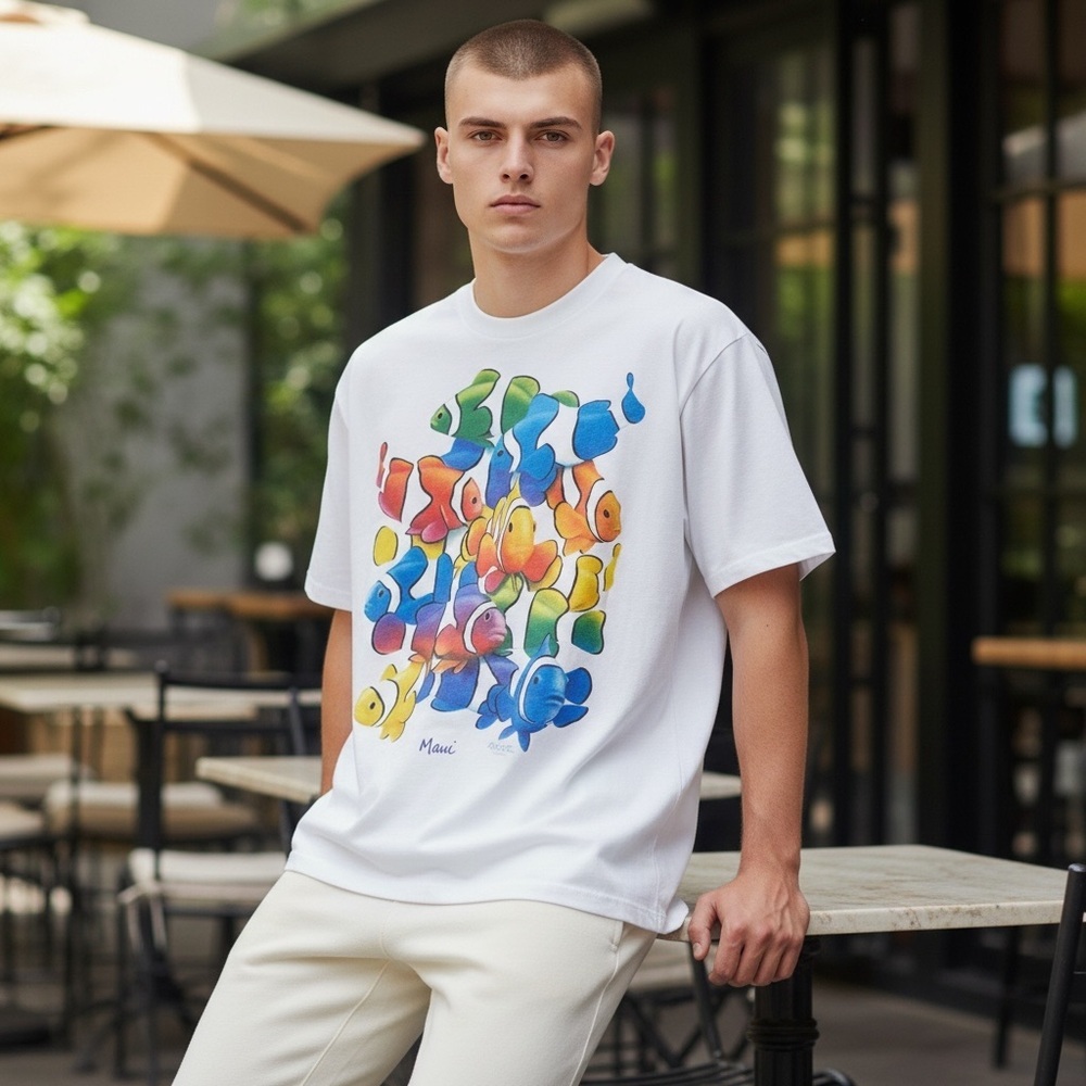 Vintage Dolphin Shirt Company White Tee with Colorful Fish Design